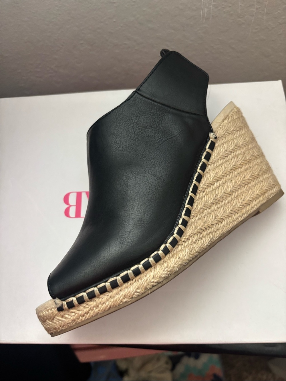 JustFab Black Leather Espadrille Wedge Mule